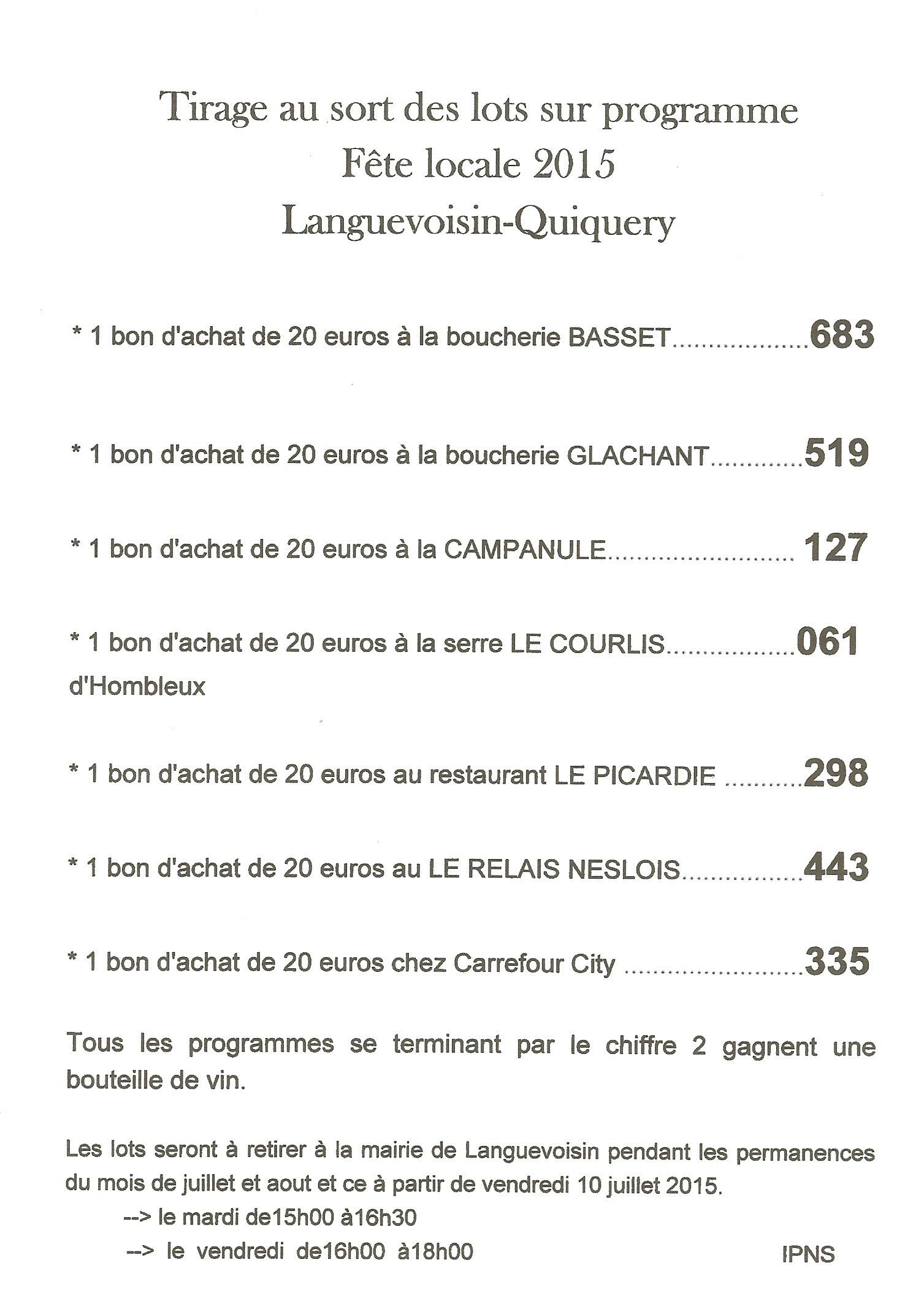 RESULTAT DU TIRAGE AU SORT DES PROGRAMMES DE LA FETE